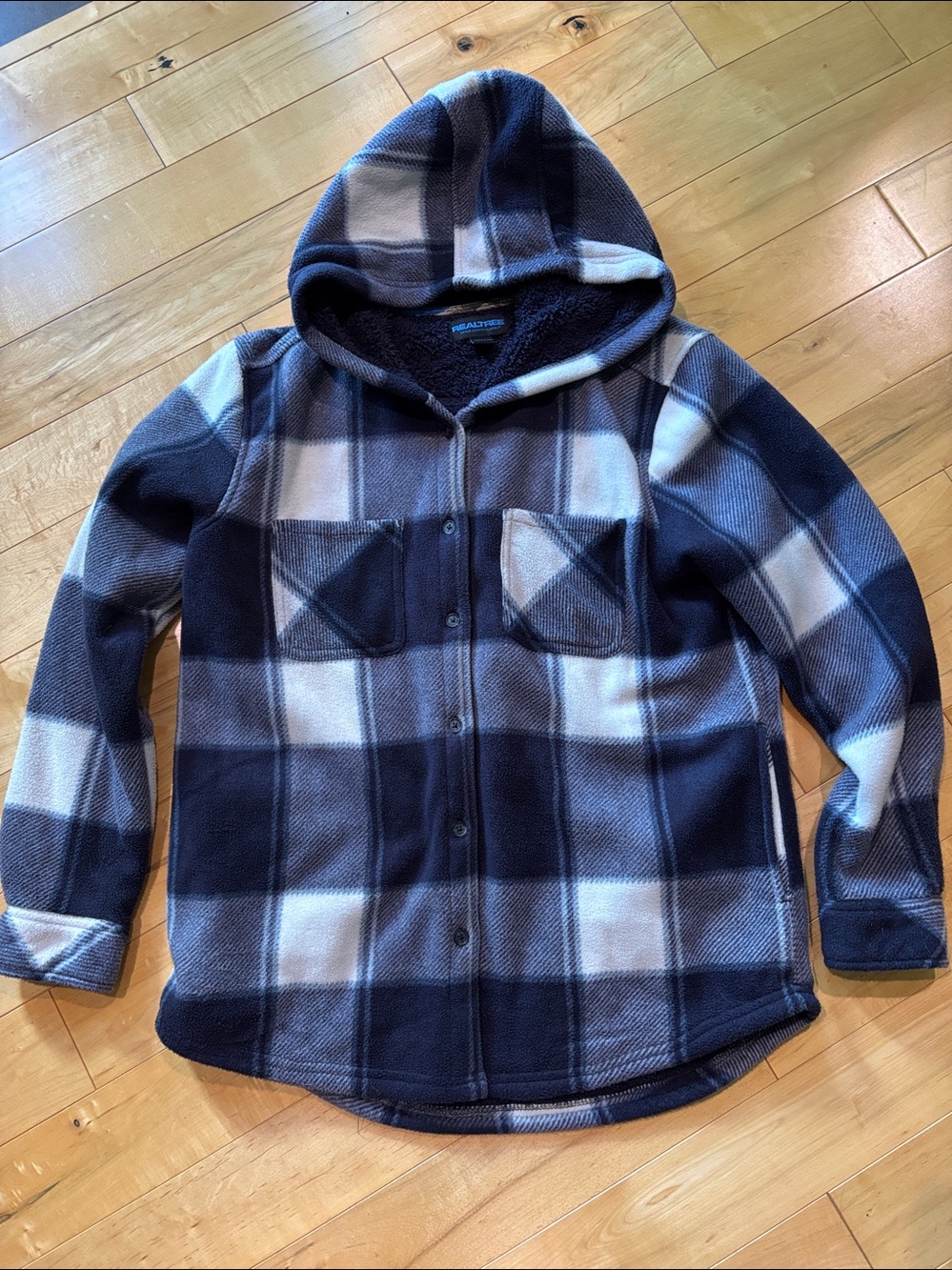 Plaid Hooded Fleece Jacket Navy & White